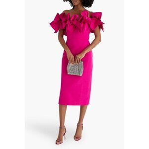 NWT $3290 Carolina Herrera Off The Shoulder Bow Silk Faille Midi Dress Pink Sz 8